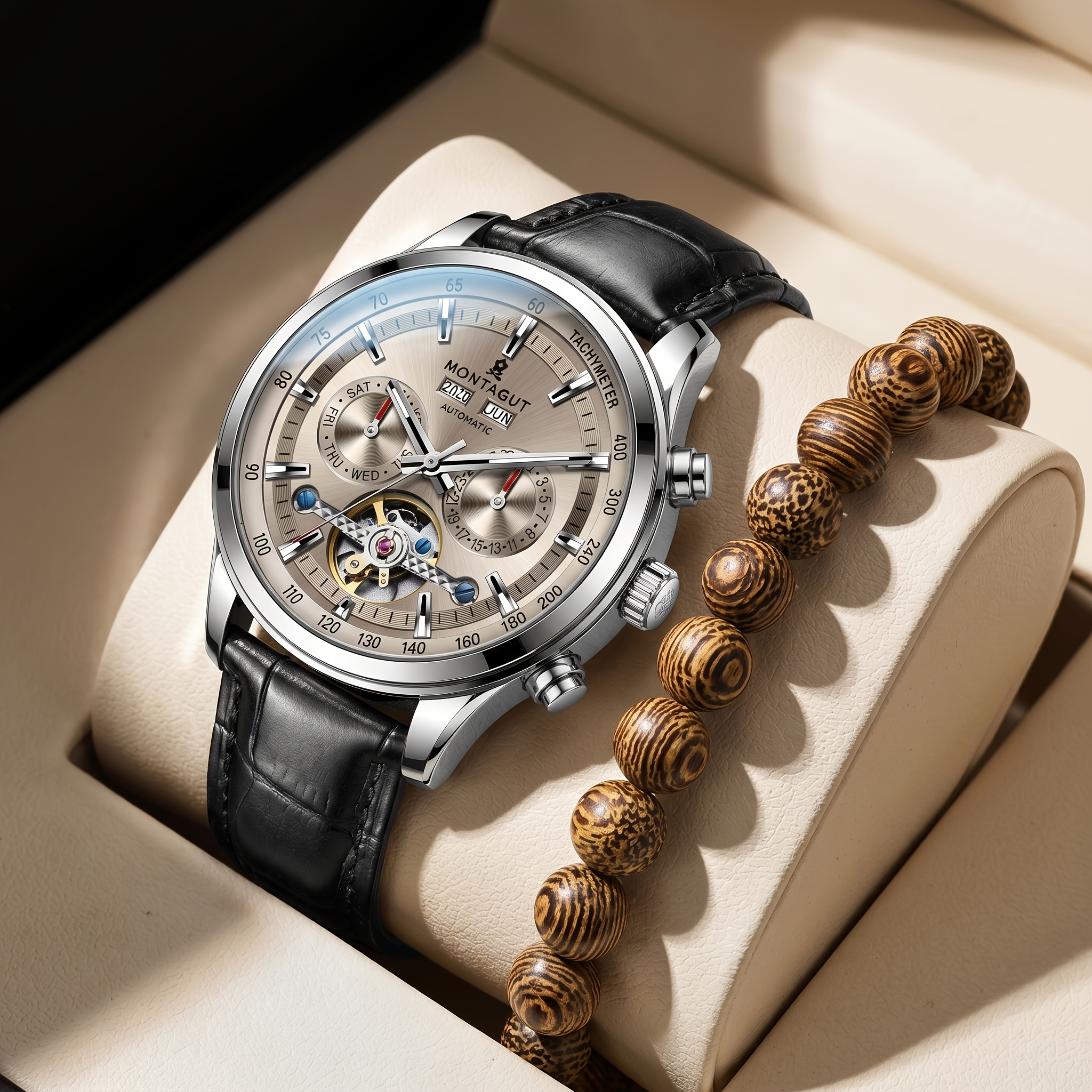 Image of Men' Mechanical Watch With Large Dial & Hollow Dial Suitable For Business, Large Round Wristwatch, Self-winding Movement, Genuine Watch For Professional, Casual, Student Use - Youth &