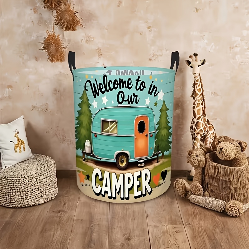TEMU 1pc Retro Camping Rv Foldable Laundry Basket, Round Bath Basket Suitable For Bathroom And Bedroom, Storage Box For Wardrobe And Home Grocery