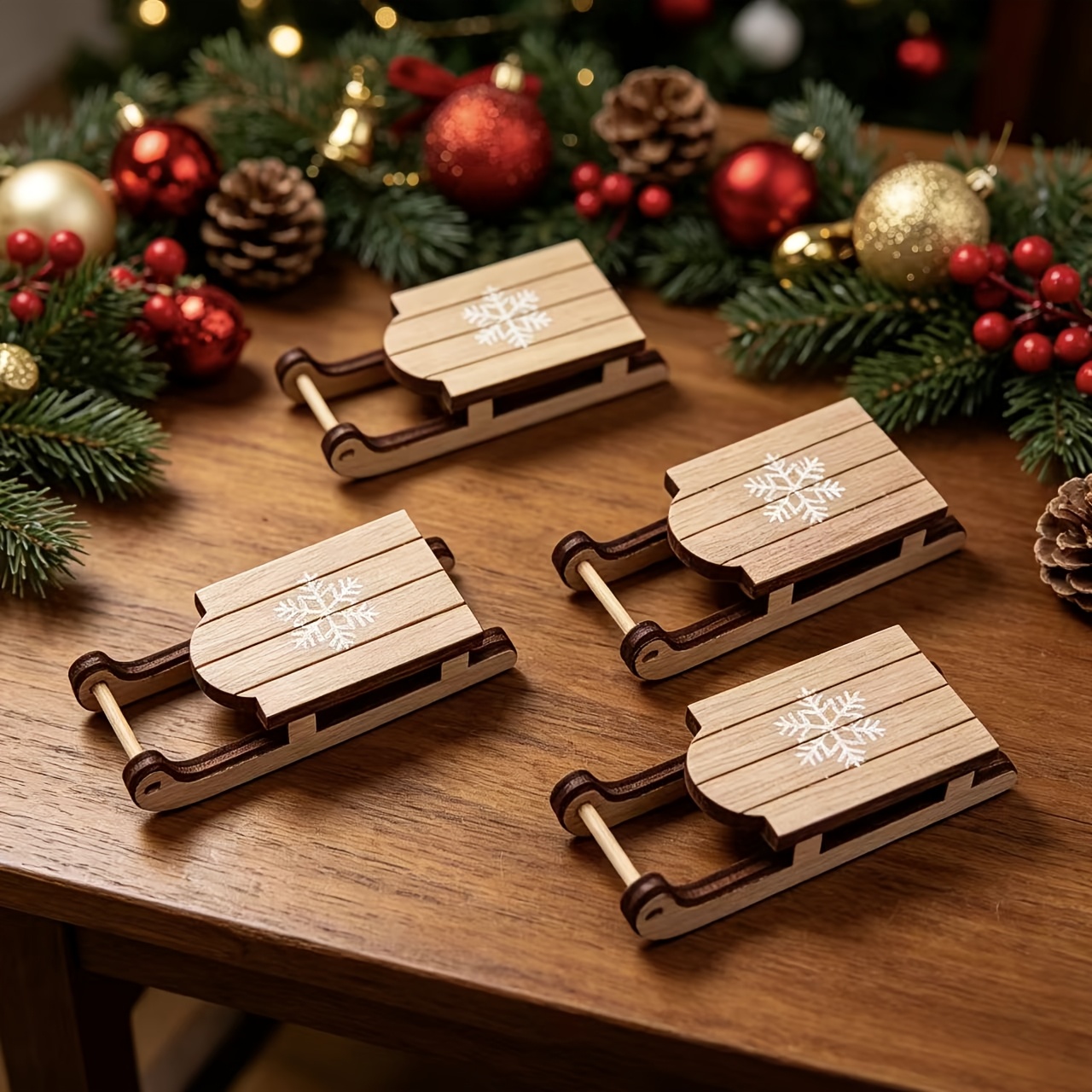 TEMU 4pcs Collectible Figurines, Christmas Natural Sled With Snowflake Print Decorations, For Table Decoration, Festive Atmosphere Decorations