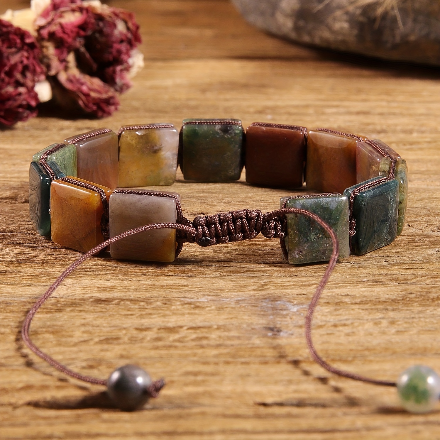 Natural Stone 1pc Women'S Hand-Woven Bracelet - Natural Square Indian Agate Stones, Boho-Chic Accessory for Daily Wear Gifting