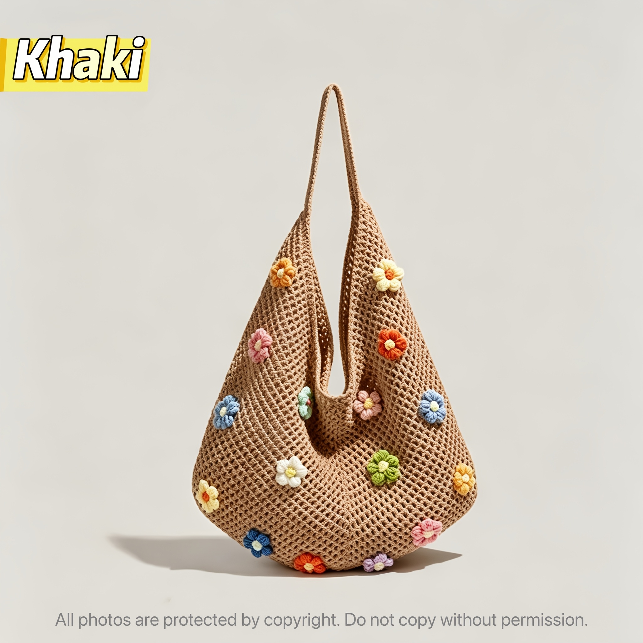 TEMU Women's Crochet Woven Shoulder Bag With 3d Colorful Flowers, Hollow Mesh Large Capacity Lazy Style Tote Bag, Summer Beach Mesh Knitted Handbag,