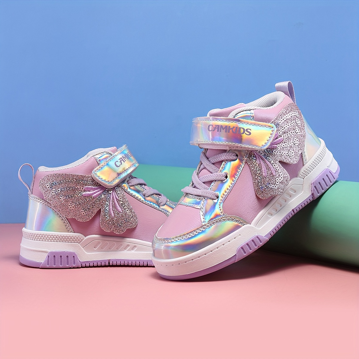 Girls' High-Top Sneakers with Sequin Bow Holographic Accents Pink  White Casual Shoes, Closure, Round Toe, TPR Sole for Outdoor, Daily Wear 