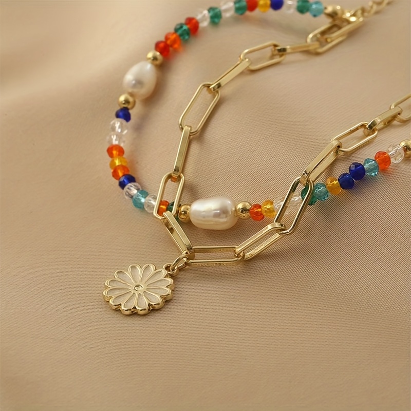 E-shop Blumenmuster Bunte Perlenarmband für Damen, Einzigartiges Design Gänseblümchen Schmuck