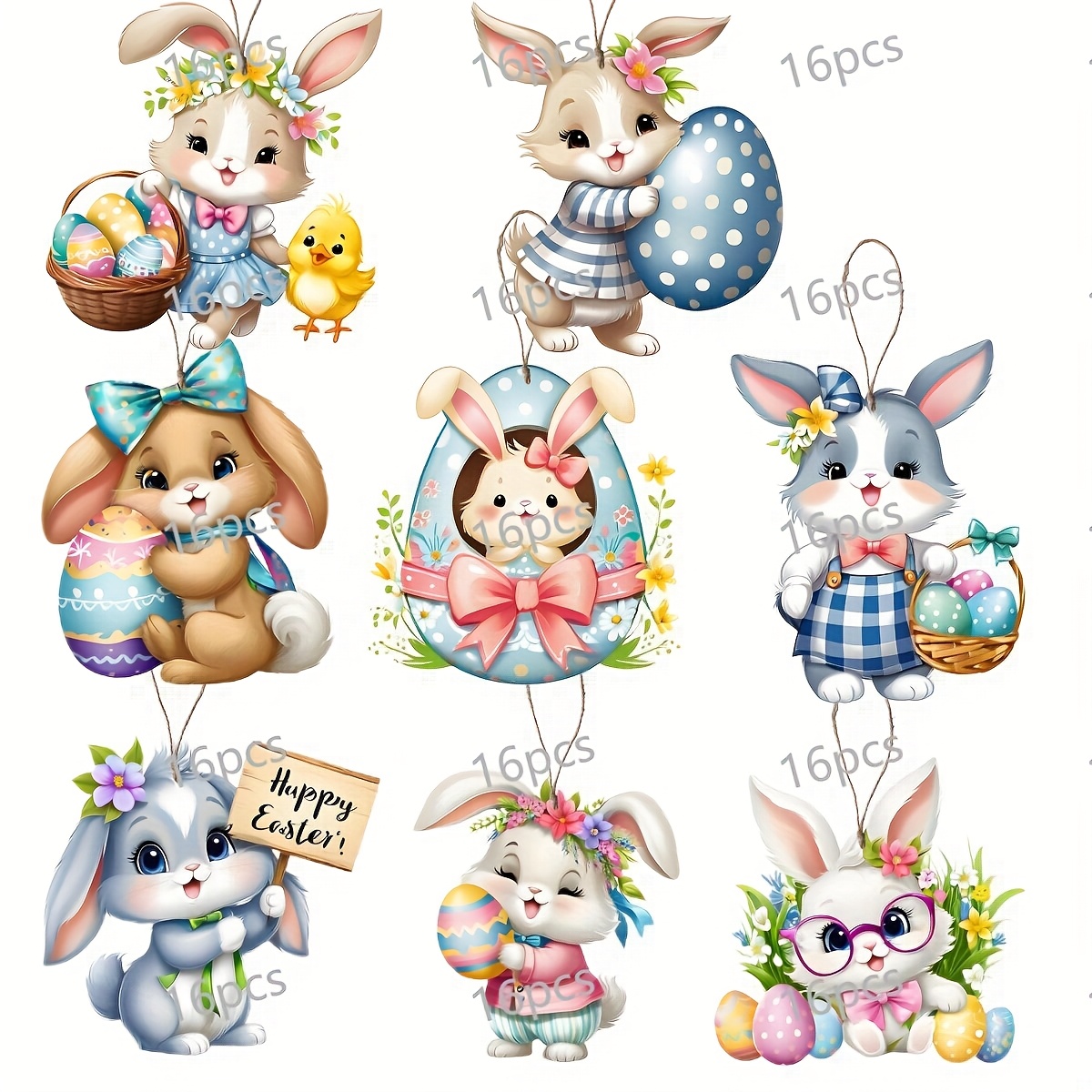 Image of 16pcs Easter Decoration Set - Wooden Bunny Figures With Floral Crowns & Pastel Eggs, Spring Parties, Home & Garden Hanging Ornaments