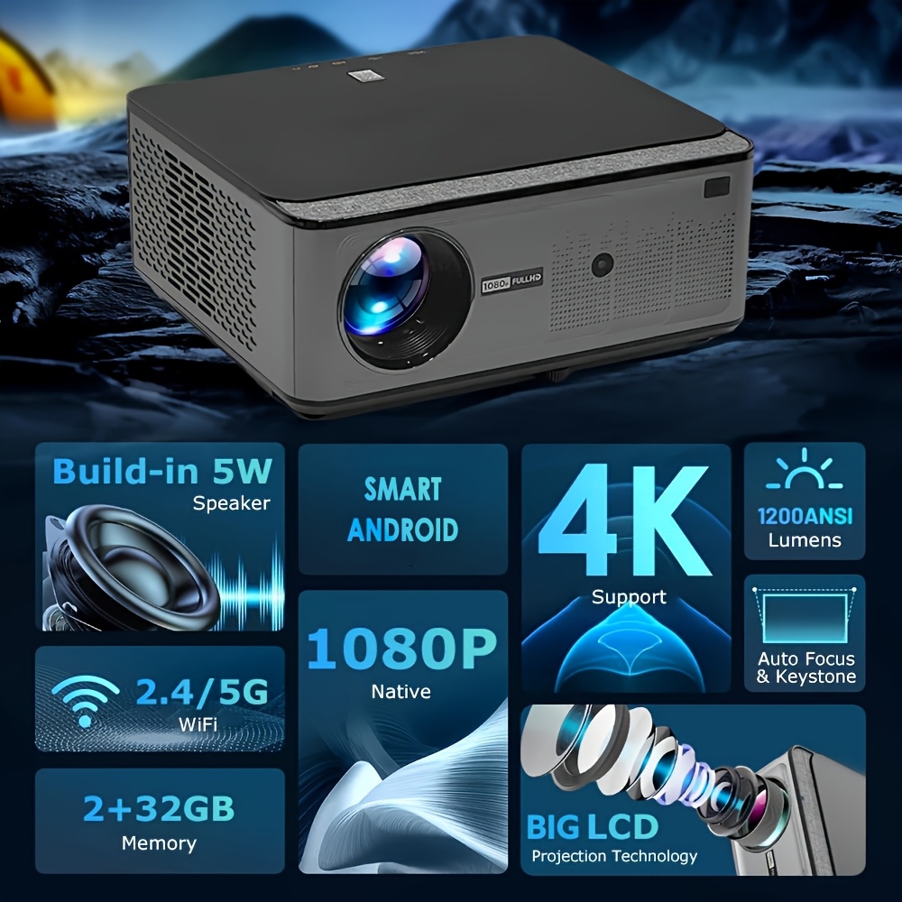 Image of Portable Projector: , 4k Hdr10+ | Screen Mirroring Video , Dual Wifi6 & Bt, Built-in | 200" For Home Theater, Outdoor Parties & Meetings
