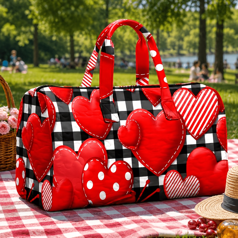 Image of Women's Festive Mixed Red Hearts Pattern Shoulder Bag, Casual Tote With Black White Checkered Background, Multiple Specifications , Lightweight Fashion Bag For Daily Commuting, Travel & Shopping