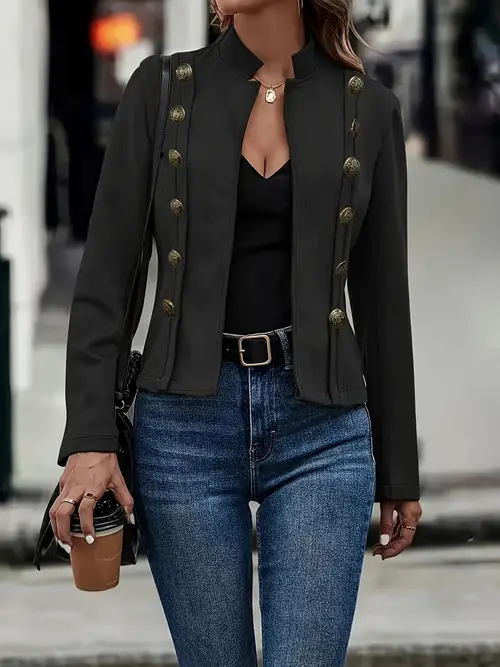 womens elegant double breasted jacket vintage style long sleeve solid color polyester collarless with button details woven fabric casual or office outfits ladies jackets