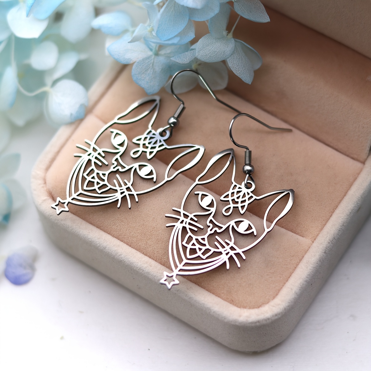Image of Cute Animal Cat Head Drop Earrings Stainless Steel Gift For Women Men Vintage Earrings Animal Enthusiasts