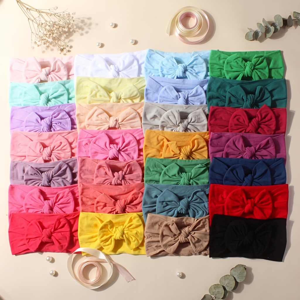 Image of 28pcs Baby Solid Color Bow Nylon Headband Easy And Comfortable Elastic Hair Accessory Gift Set