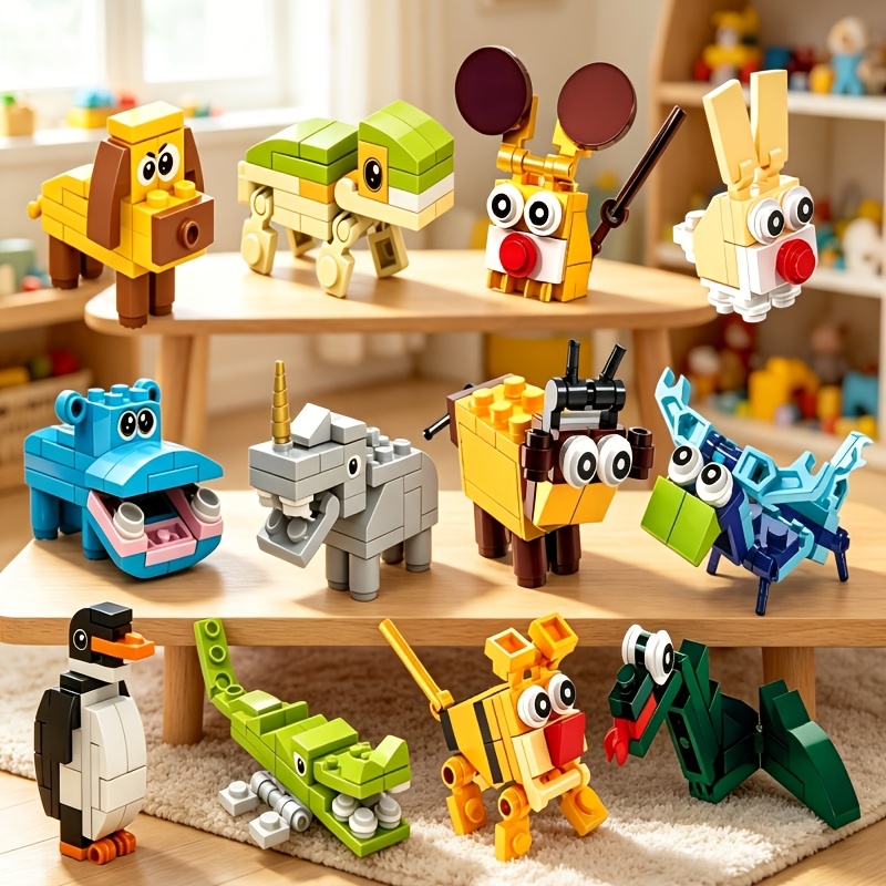 TEMU Juego de 12 piezas de bloques de construcción para niños de animales pequeños, bloques de rompecabezas para DIY, juguete educativo de