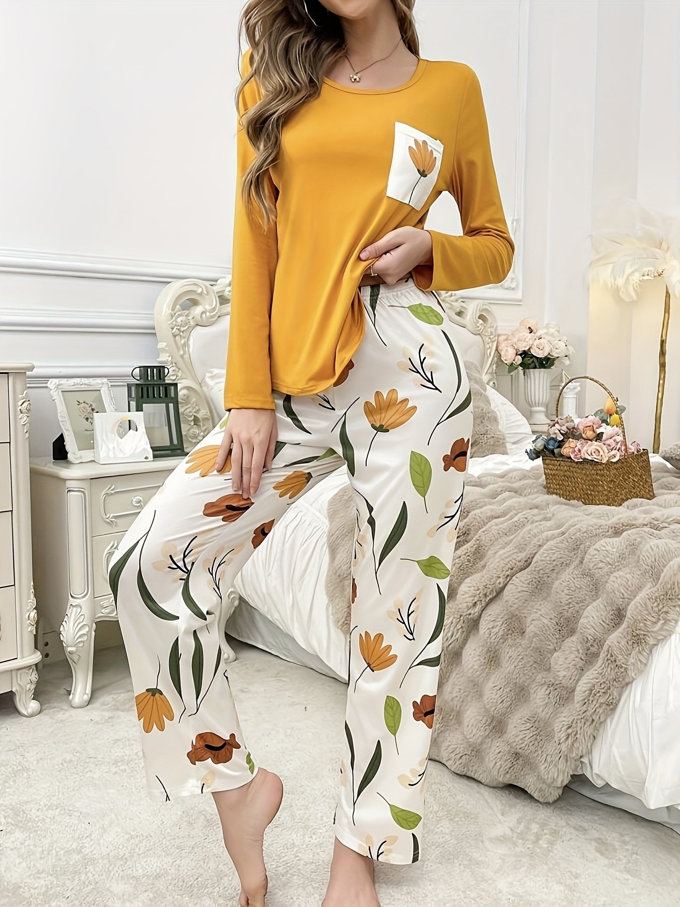 set elegant floral print pajama set women long sleeve top Temu