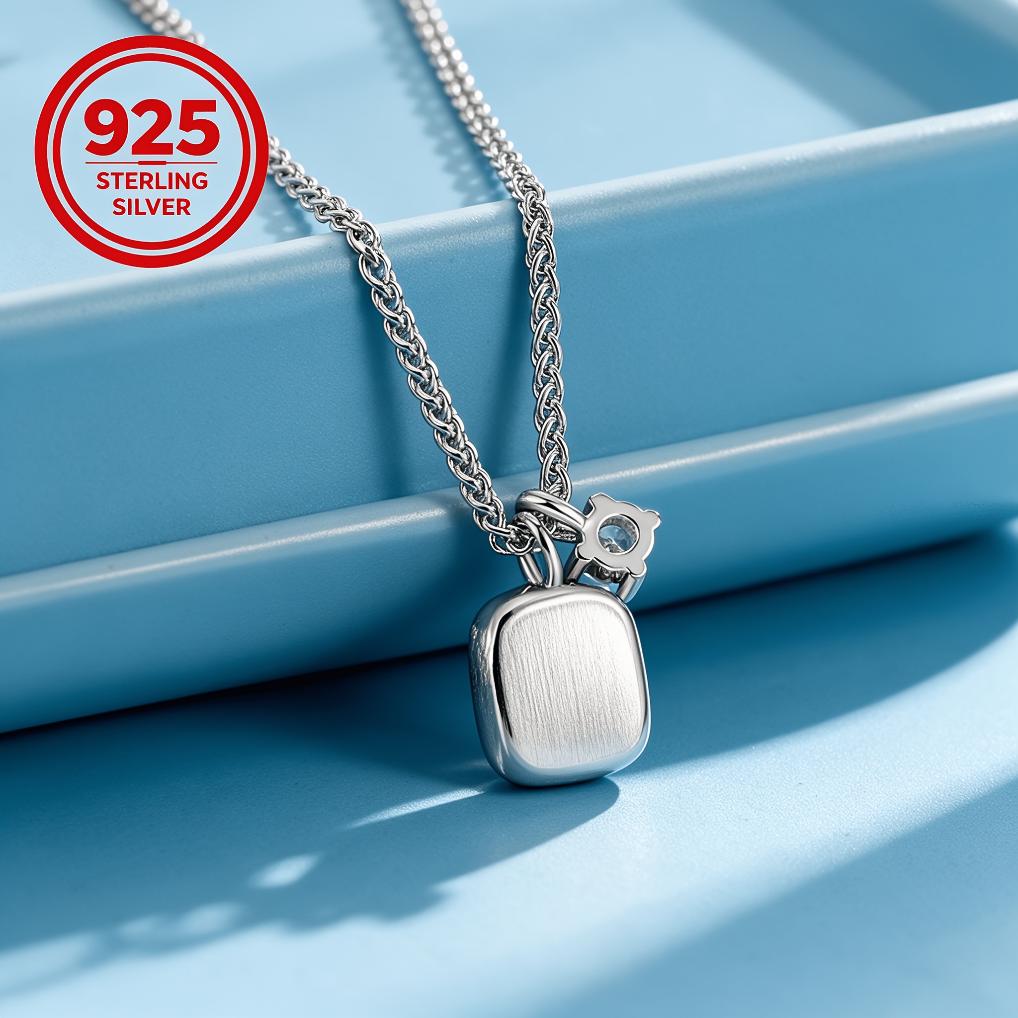 Women's 925 Silver Brushed Square Sugar Pendant Necklace, Versatile