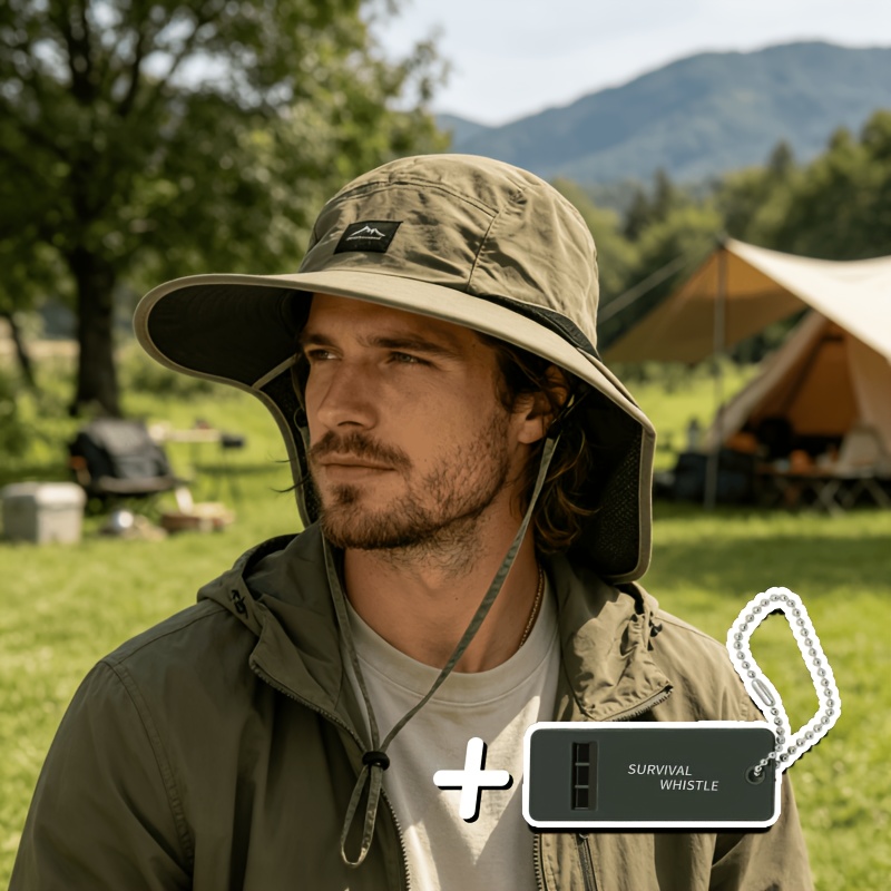 TEMU 2pcs Set - Bucket Hat + Whistle Pendant, Logo Bucket Hat With Pendant, Comfortable And Breathable, Adjustable Outdoor Wide Brim Sun Hat For