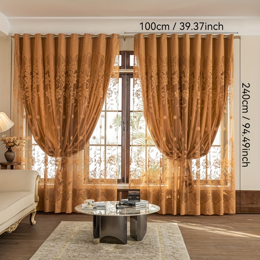 TEMU 1pc Coffee-colored Peony Floral Curtains - Double-layer Sheer & Blackout, 100% Polyester Jacquard, Perforated Top For Easy Hanging, Classic