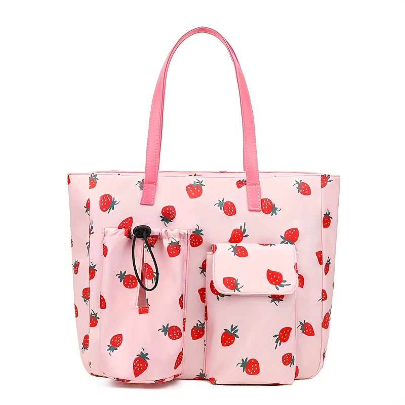 TEMU Nylon Fashionable Multi Pocket Water Cup Bag, Gym Bag, Tropical Ethnic Style Cute Strawberry Printed Large Capacity Women's Tote Shoulder Bag