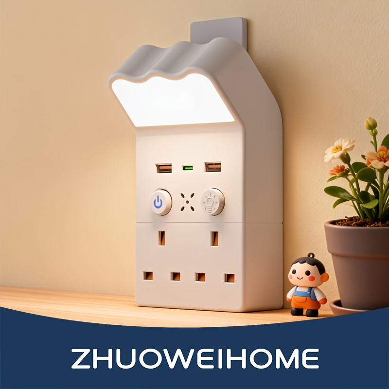 TEMU Uk Plug And Socket Extension Cord With 3-color Dimming Night Light, 2 Ac Outlets, 2 Usb-a Ports, And 1 Type-c Port, Wall-mounted Charger With