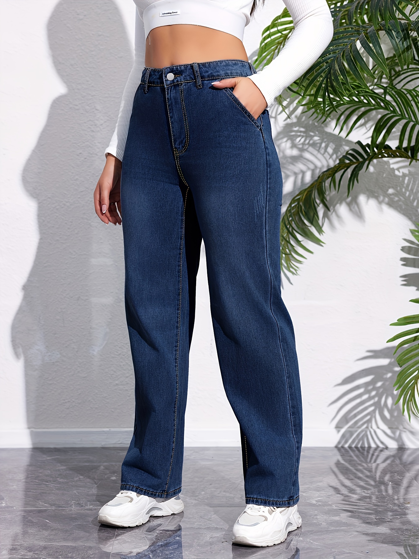 Women's Denim Jeans Zipper Pocket Pants High Waisted Trousers