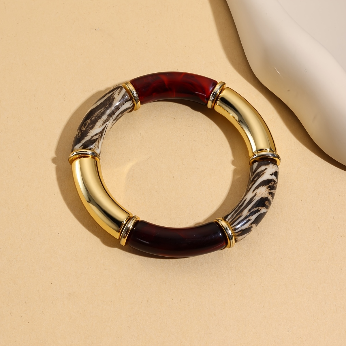 Retro Leopard Print Patchwork Elastic Bangle, Light Luxury Color-Block Arc Bracelet