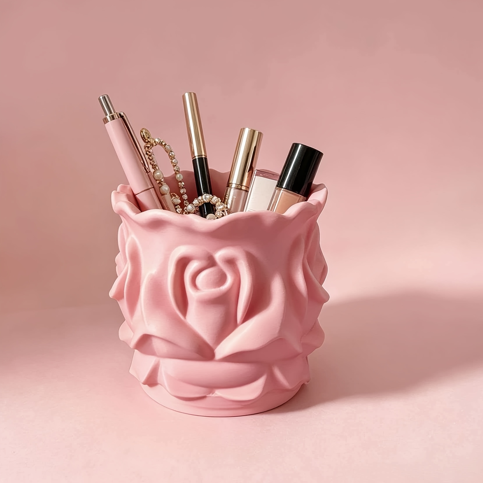 TEMU 3d Printed Embossed Rose Petal Pen Holder, Curved Wavy Rim Floral Makeup Organizer, -shaped Desktop Storage Jar For Cosmetics Stationery Decor