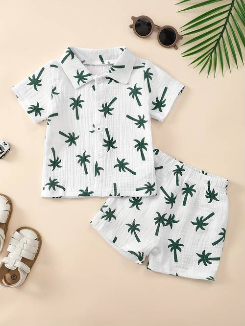 childrens cute coconut tree print short sleeve shorts set for boys and girls for babies outdoor
