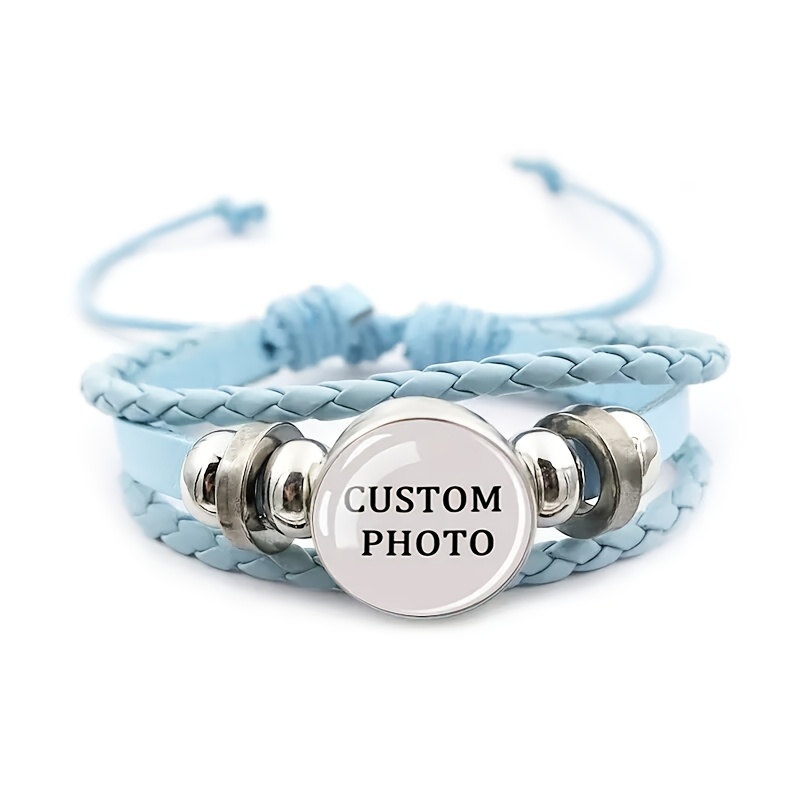 TEMU Custom Photo Blue Slide Bracelet, Vintage Glass Braided Cord, Adjustable Bracelet For Fashionable Streetwear, Gifting, And Daily Wear