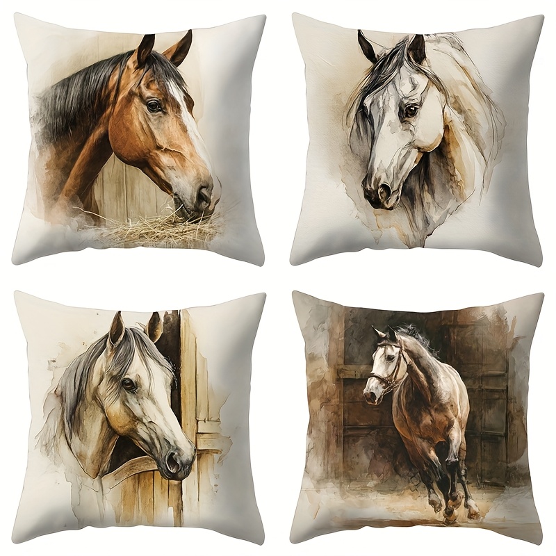TEMU 4pcs, Autumn Style, Horse, Barn, Hay Pattern, Warm And Comfortable, Beautiful And Practical, 17.72 Inches * 17.72 Inches, Suitable For Home Sofa
