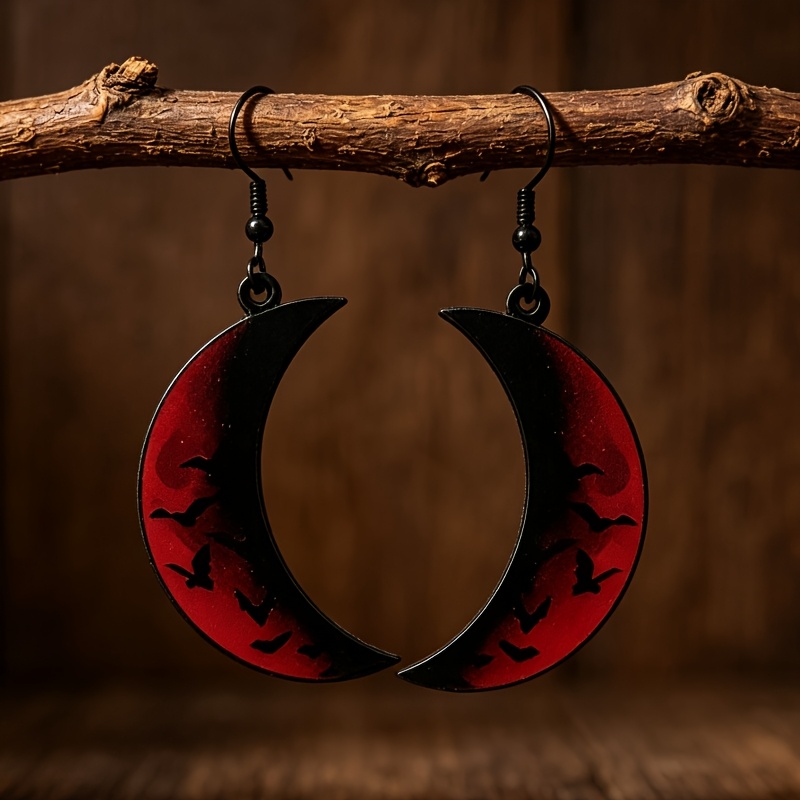 TEMU Un par de aretes acrílicos de Halloween de media luna, luna de sangre y murciélago, estilo