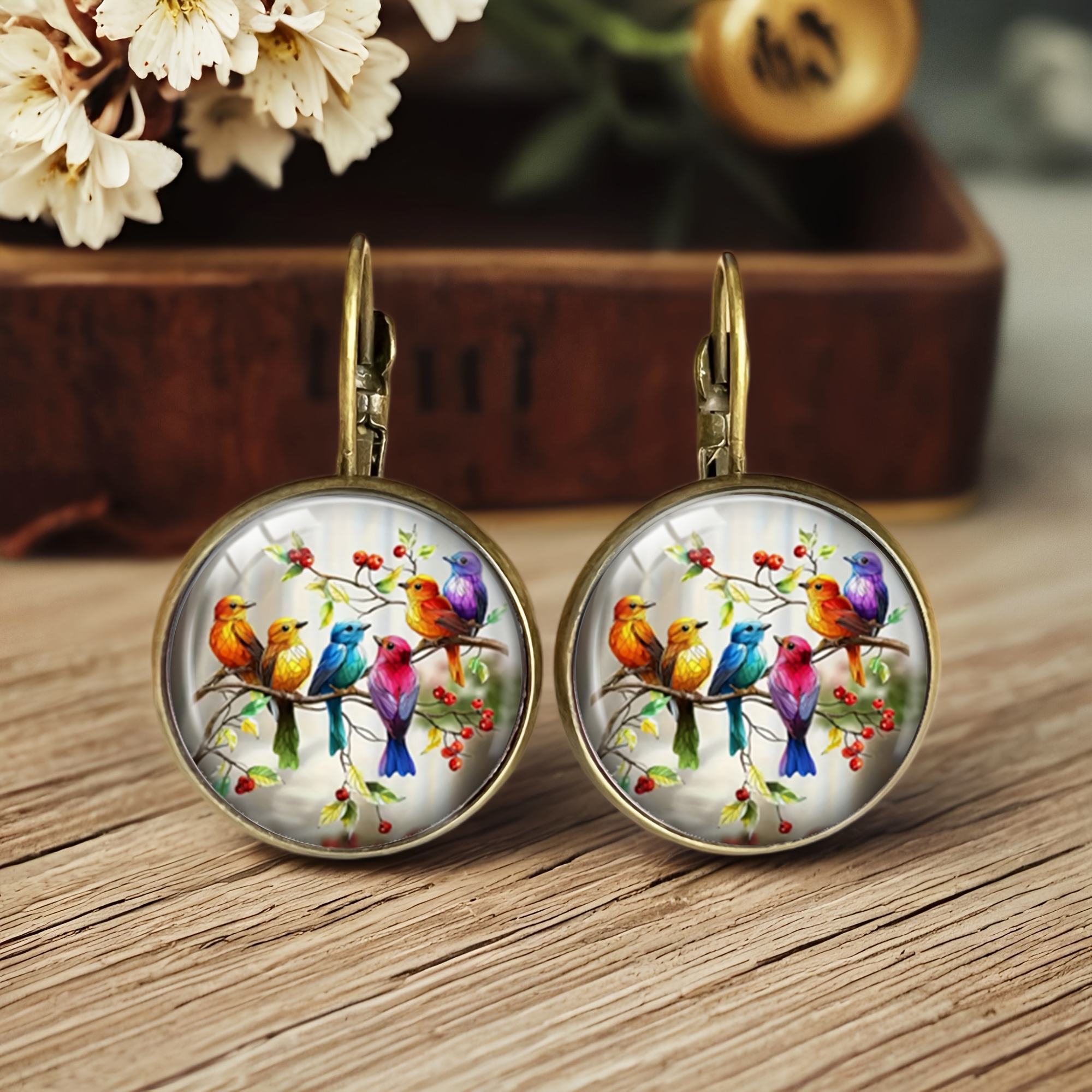TEMU Pair Of Vintage Stained Alloy Earrings, Vibrant Design, Nature-inspired Decorative Accessories, Without Battery
