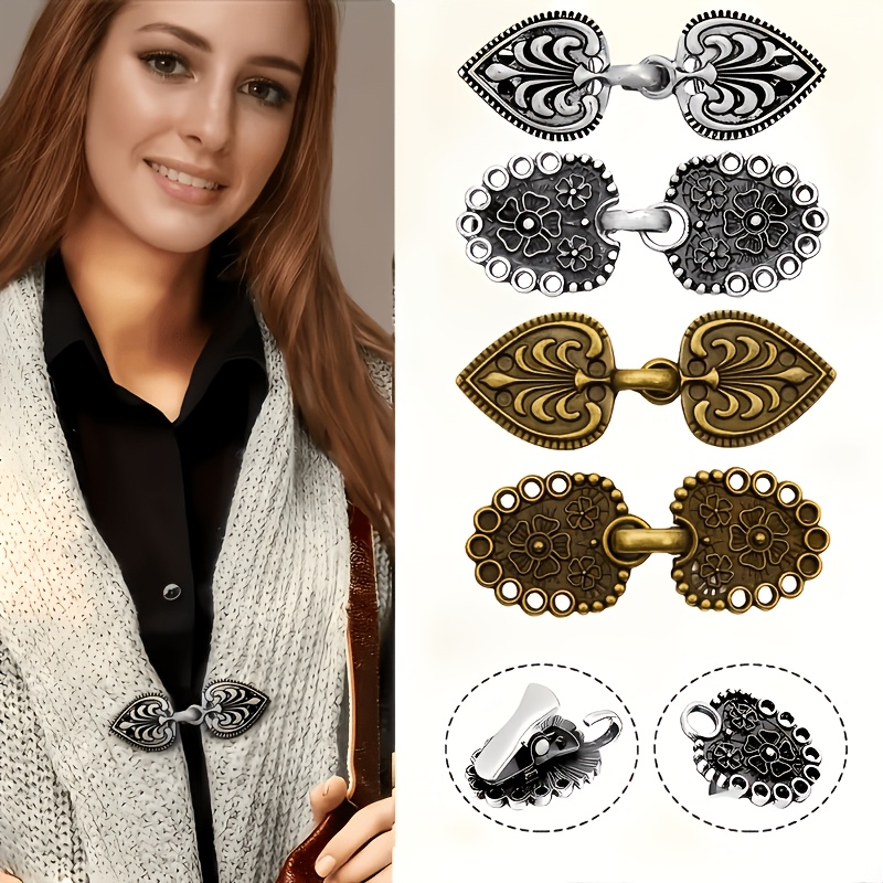 Image of 4pcs Set Of Alloy Scarf Clips, Sweater Clips, And Shawl Clips. Suitable For Cardigans, Shawls, Scarves, Dresses, Etc. No Sewing Required, Simple And Practical, Vintage Elegant And Stylish