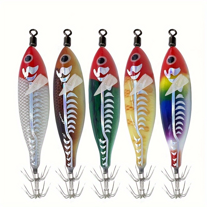 

5pcs Fishing Lure Set - 5.7g Horizontal Shrimp And Squid Hook, Round Bellied Shrimp Simulation With Night Light, Wooden Blowing , Mixed Colors