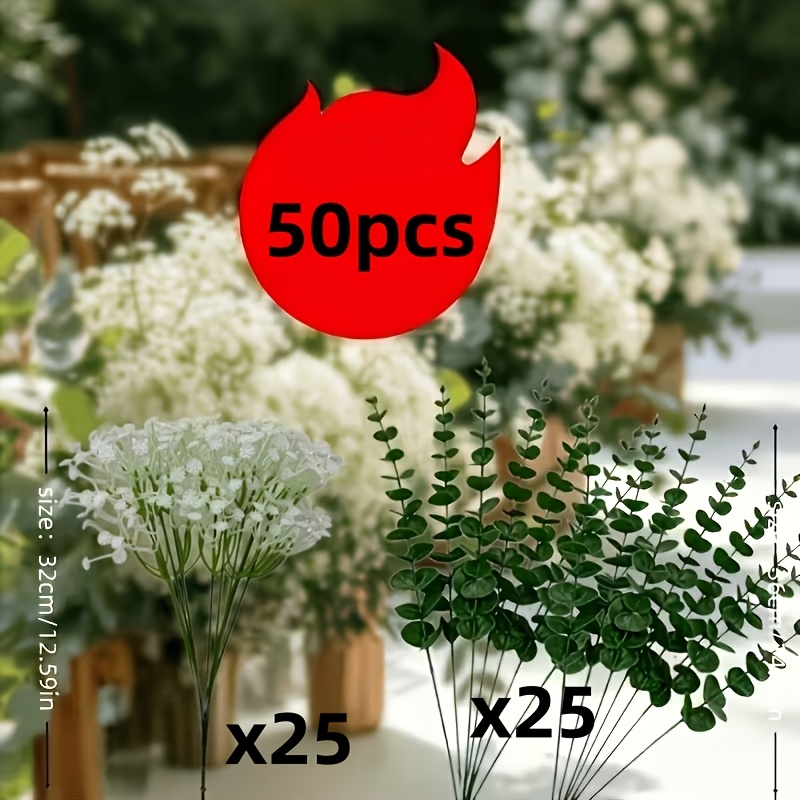 TEMU 50pcs Elegant Gypsophila, Eucalyptus Branches And Leaves, And Other , Romantic Artificial Flower Bouquet - Fade-resistant Artificial Greenery,