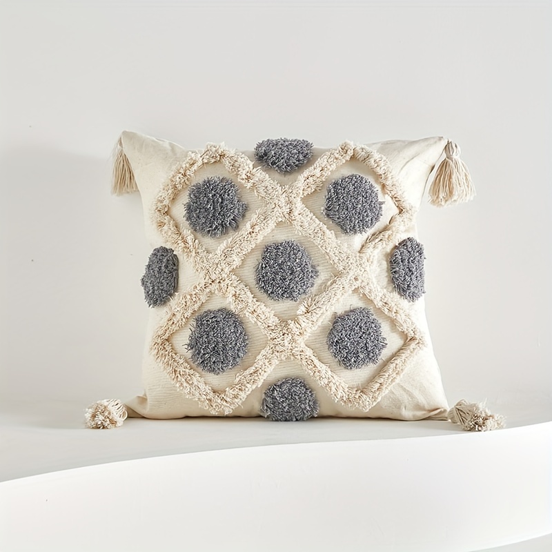 1pc, Decorative Throw Pillow Cover With Dot Tufting And Bohemian Tassels, Suitable For A Living Room Sofa, Without The Inner