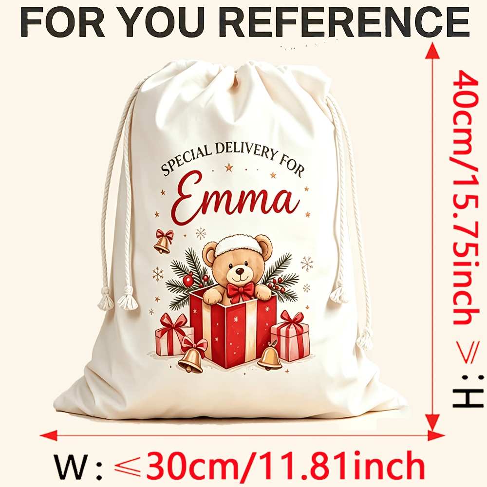 TEMU Personalized Custom Name Santa Teddy Bear Gift Bag - Reusable Christmas Drawstring Bag, Unisex For Men, Women And Children, Festive Storage Bag
