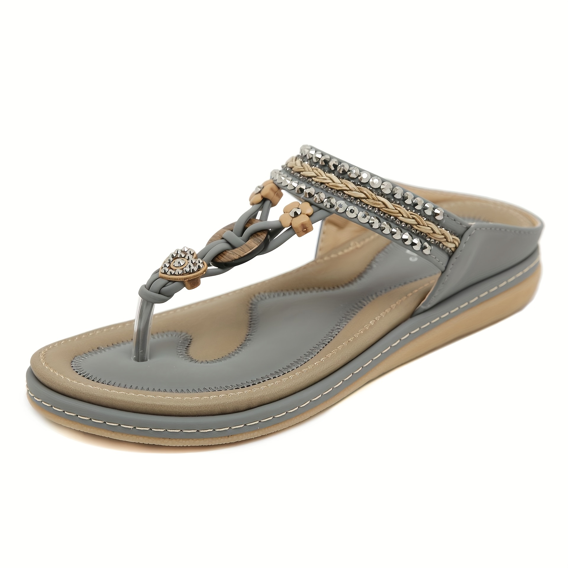 Image of Women's Flat Slippers, Comfortable Flat Casual Fashionable Seaside Beach Slippers With Woven Design And Decorative , Suitable For Outdoor Wear In Summer, Women Shoes