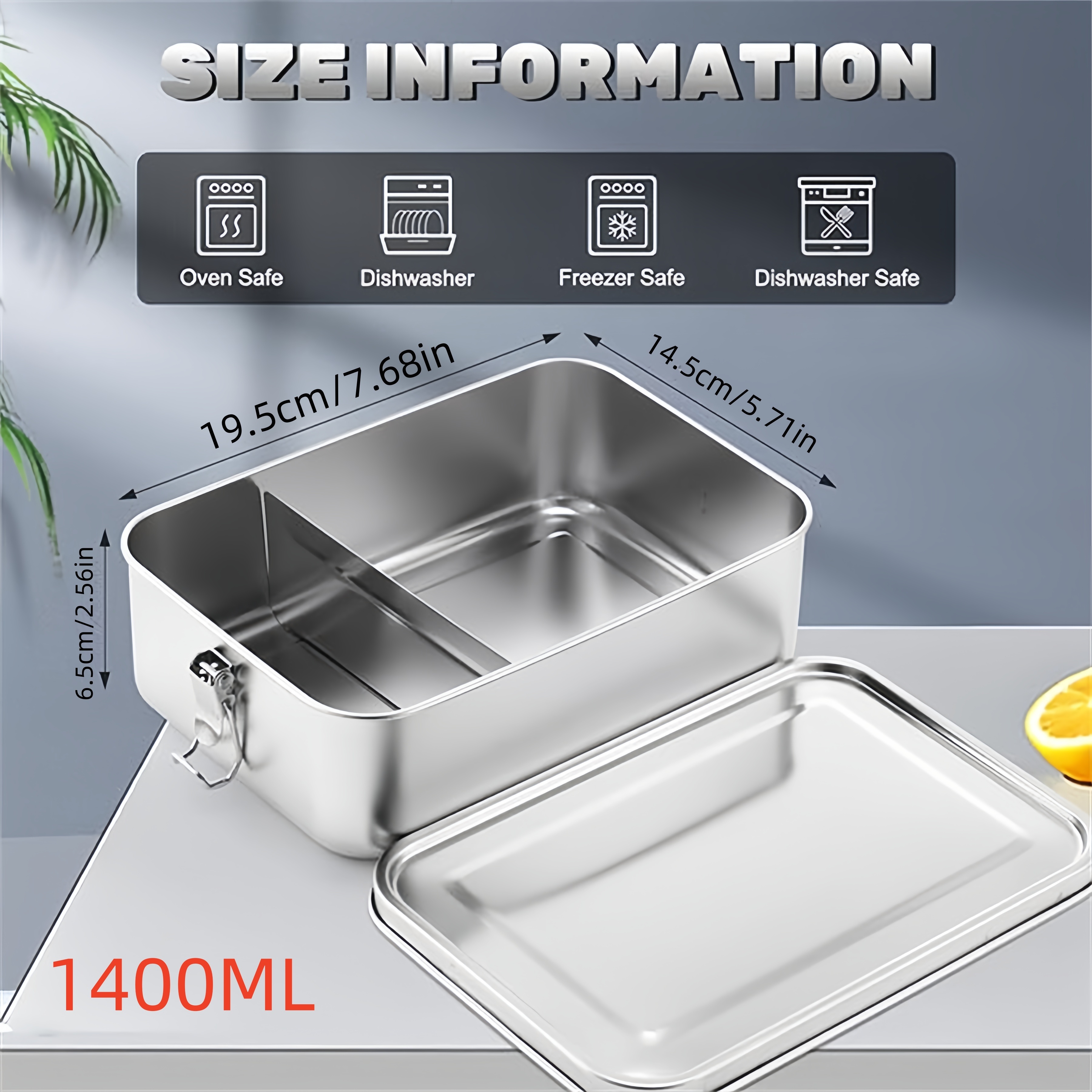 TEMU Stainless Steel Lunch Box For Adults 850ml & 1400ml With Sealing Silicone Ring, Leakproof Bento Box , Dishwasher Safe, Includes Utensil - Hand