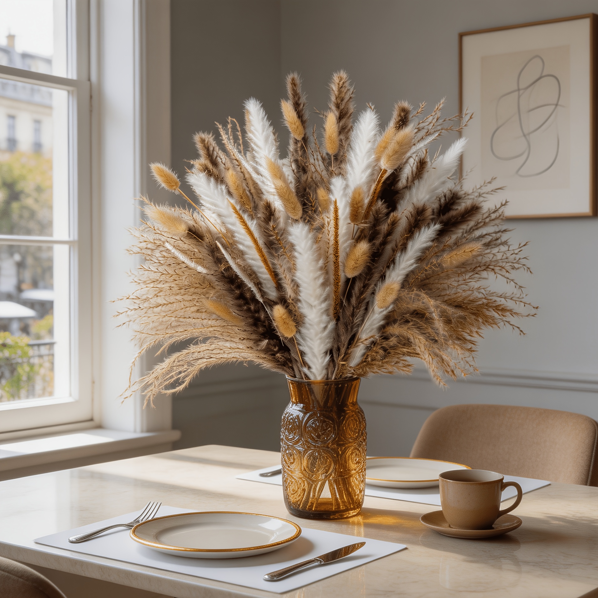 Premium 131pcs Natural Pampas Grass Arrangement Perfect For - Home Fireplace And Console Table Indoor Decor