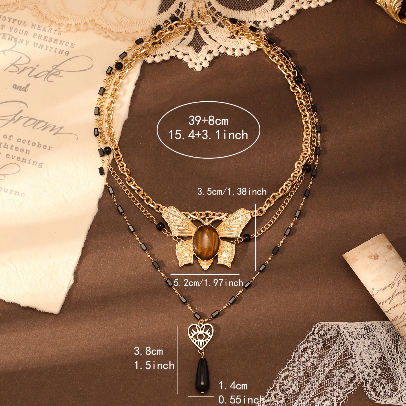 Vintage Gothic Style Butterfly Heart Pendant Necklace Brown