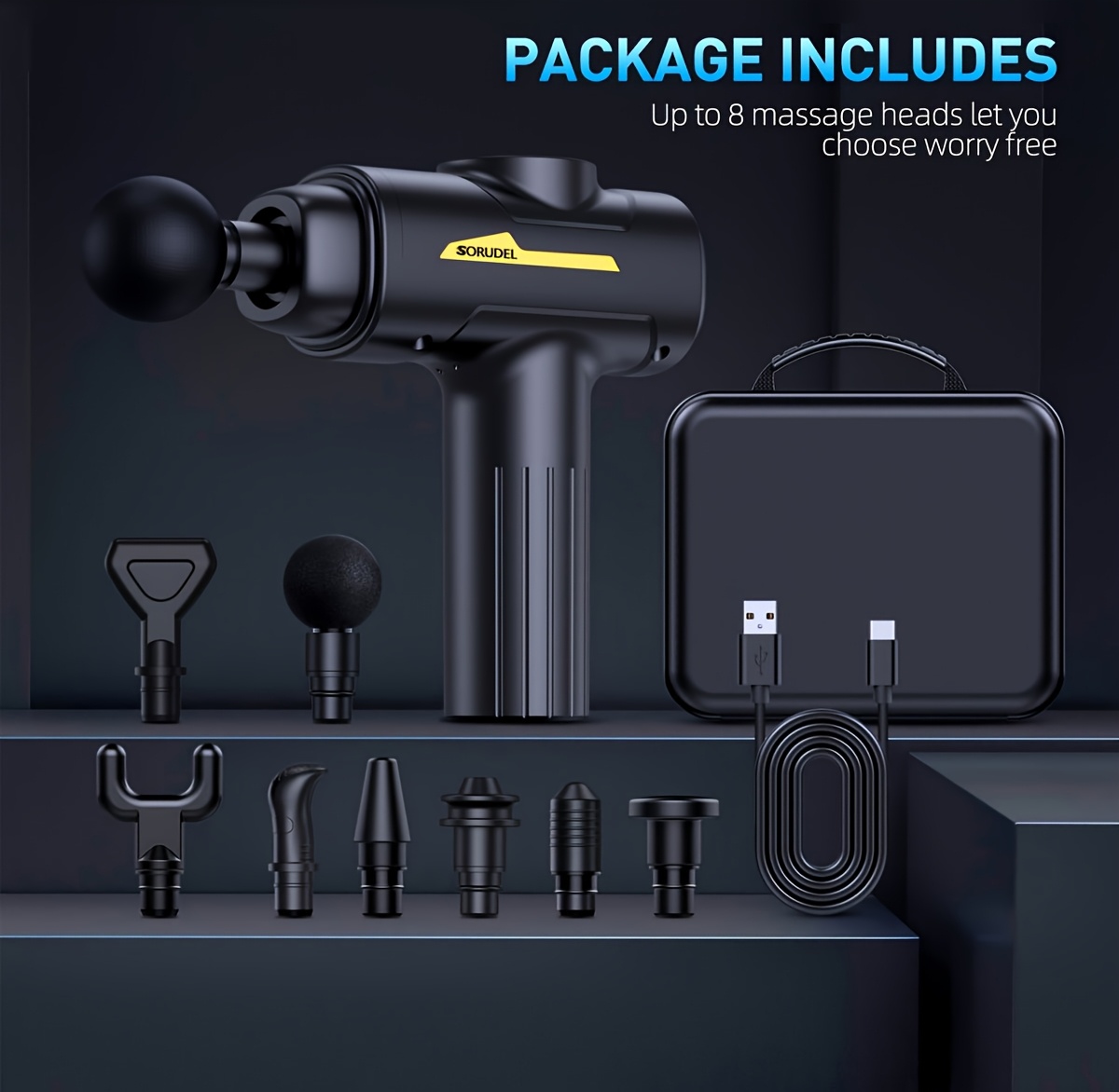 SORUDEL deep tissue massage gun with 8 massage heads, handheld electric muscle massager, high-power myofascial impact device, battery powered, rechargeable18650 lithium battery, 6-speed, 10 minute automatic stop function, portable, with carrying case