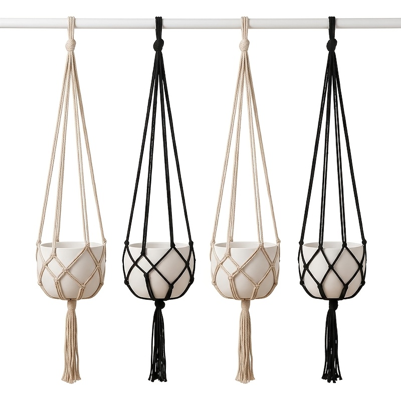TEMU Juego de 4 colgadores de plantas tejidos estilo bohemio, estructura de soporte reforzada de cuerdas, estable y sin oscilaciones, diseño de bolsa