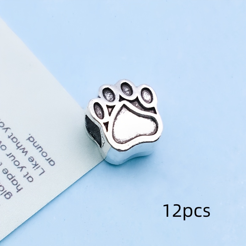 12pcs Paw Beads Charm Spacer, Vintage Silvery Alloy Large Hole Beads For Making And Crafts Accessories