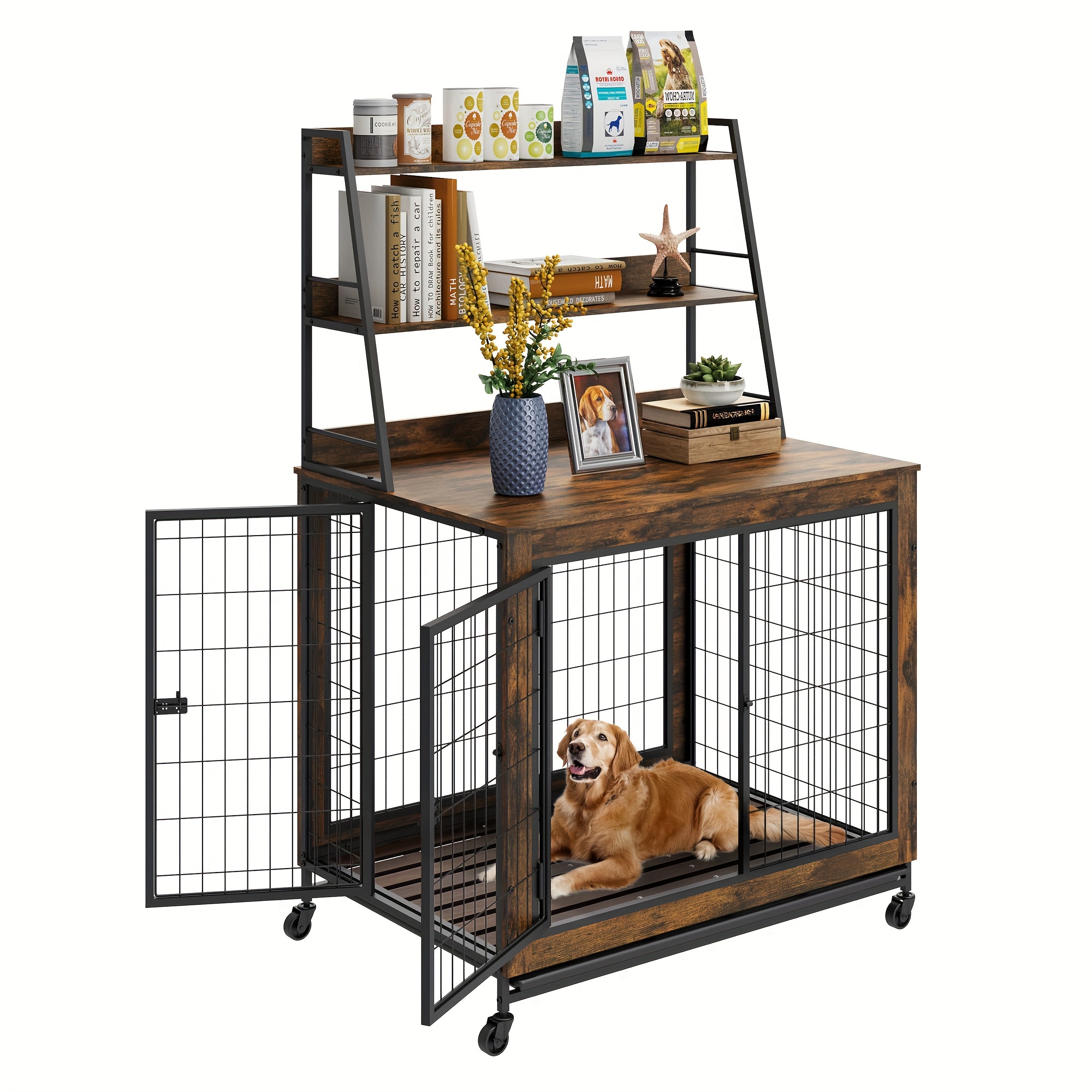 

Furniture Style Dog Crate For Small/medium/large Dogs, 3-tier Storage Shelves, Heavy Duty Metal Anti-chew Dog Kennel Furniture With 2 Doors