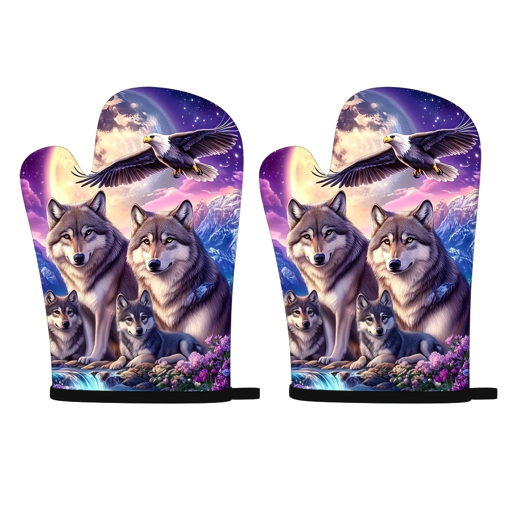 TEMU 2pcs Set Of Wolf Pack Oven Mitts, Premium Goods, Suitable For Kitchen, Baking, Home Use, Wild Design, Delicate Texture, Easy And Durable, Gift,