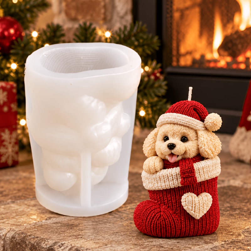 TEMU Stampo in silicone resina, stampo 3D per ornamento natalizio a forma di cucciolo con cappello da , calze lavorate a maglia, sciarpa e a forma di