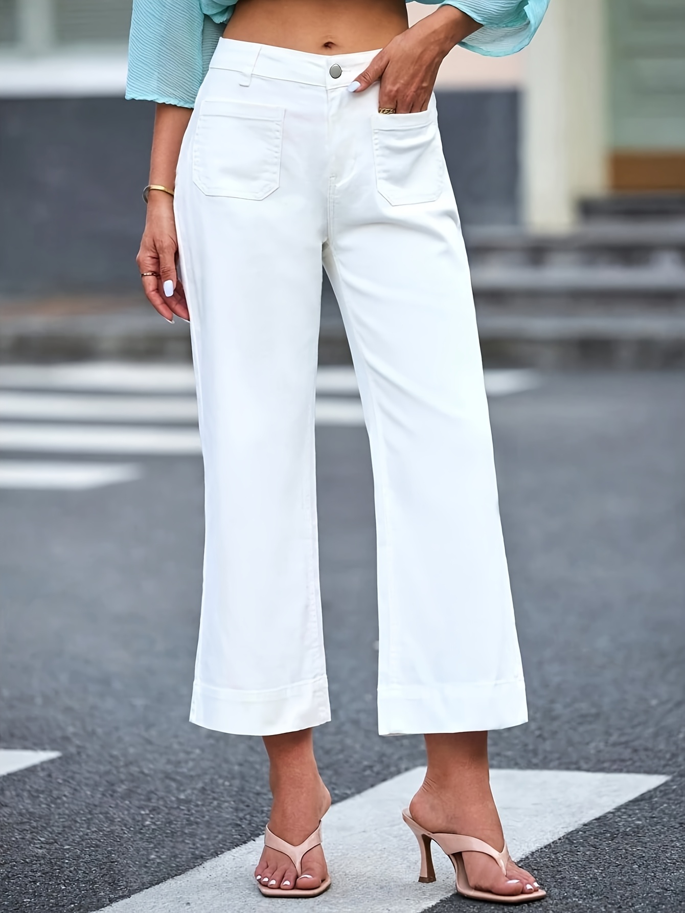 Elegant High-Waist White Cropped Flare Jeans Fit, Stretchy Fabric,  Button Fly Fashion for Women, Casual Outfit Jeans|* Fit Jeans