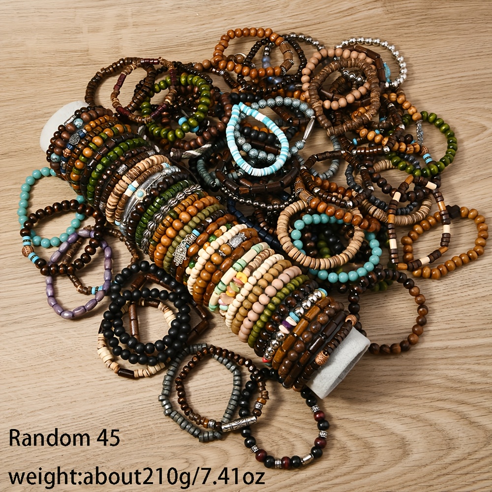TEMU Random 45pcs Men's Stacked Wooden Bead Bracelets Handmade Beading Retro Fashion Hand Bands Halloween Christmas Small Surprise Small Gift