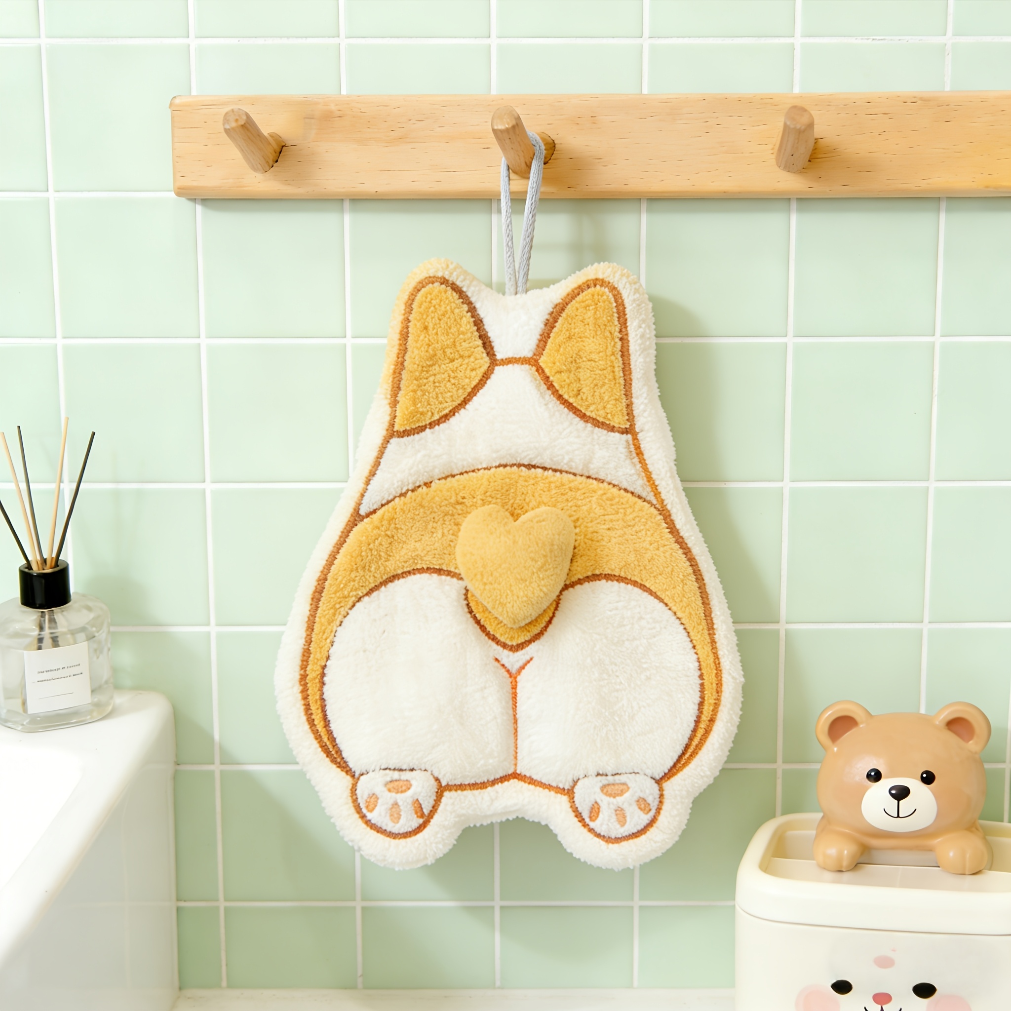TEMU かわいい猫と犬のお尻柄ハンドタオル お風呂用 速乾 吊り下げ用ループ付き - 肌に優しいソフトなペット愛好家向けギフト バスルームタオル 猫と犬がテーマのタオルデザイン