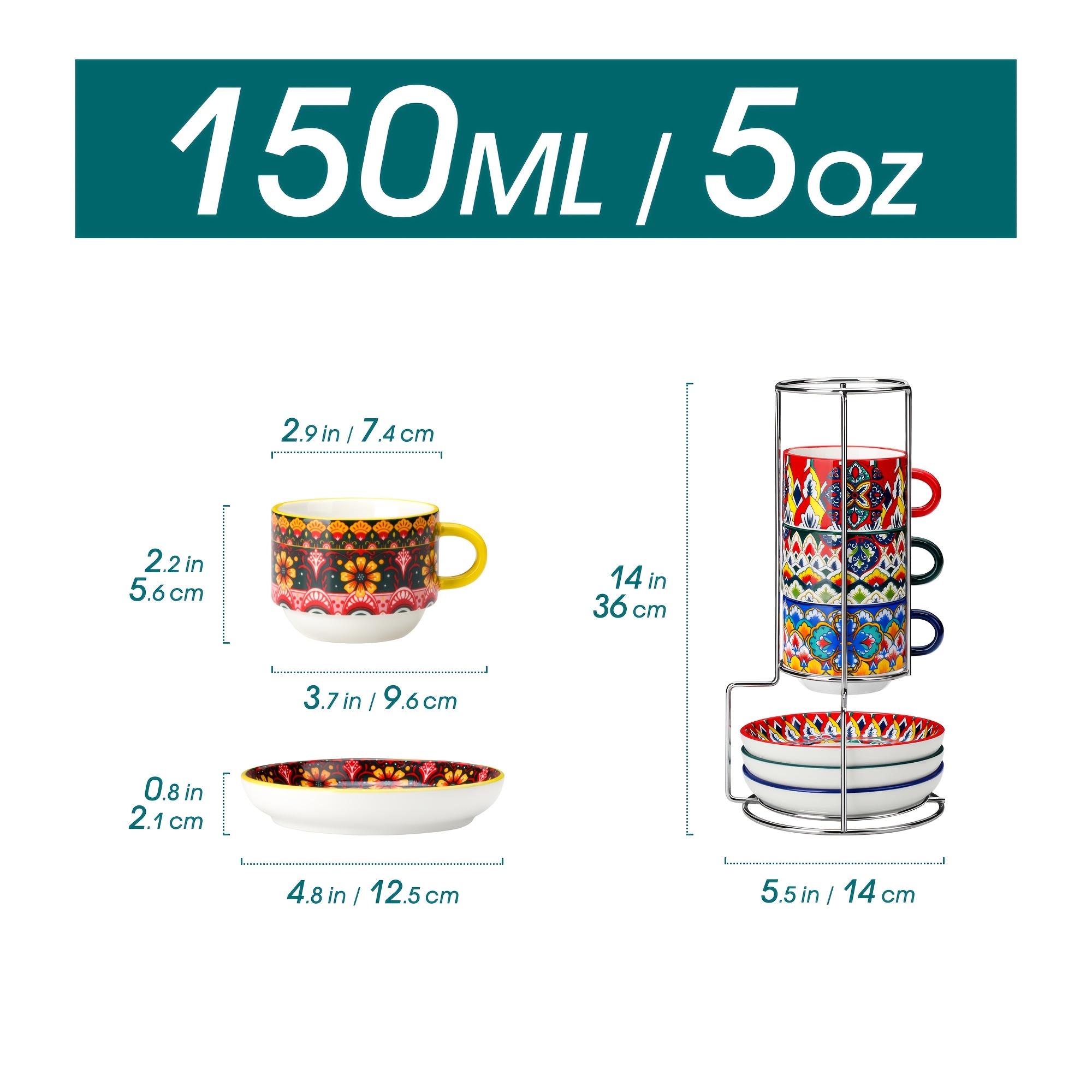 Image of Set Of 4 Stackable Coffee Mugs With Rack, 3oz/5oz/9oz Boho Ceramic Coffee Cups With Stand, Coffee Cup Set For Espresso, , Latte, Americano, Cappuccino, Tea, Milk