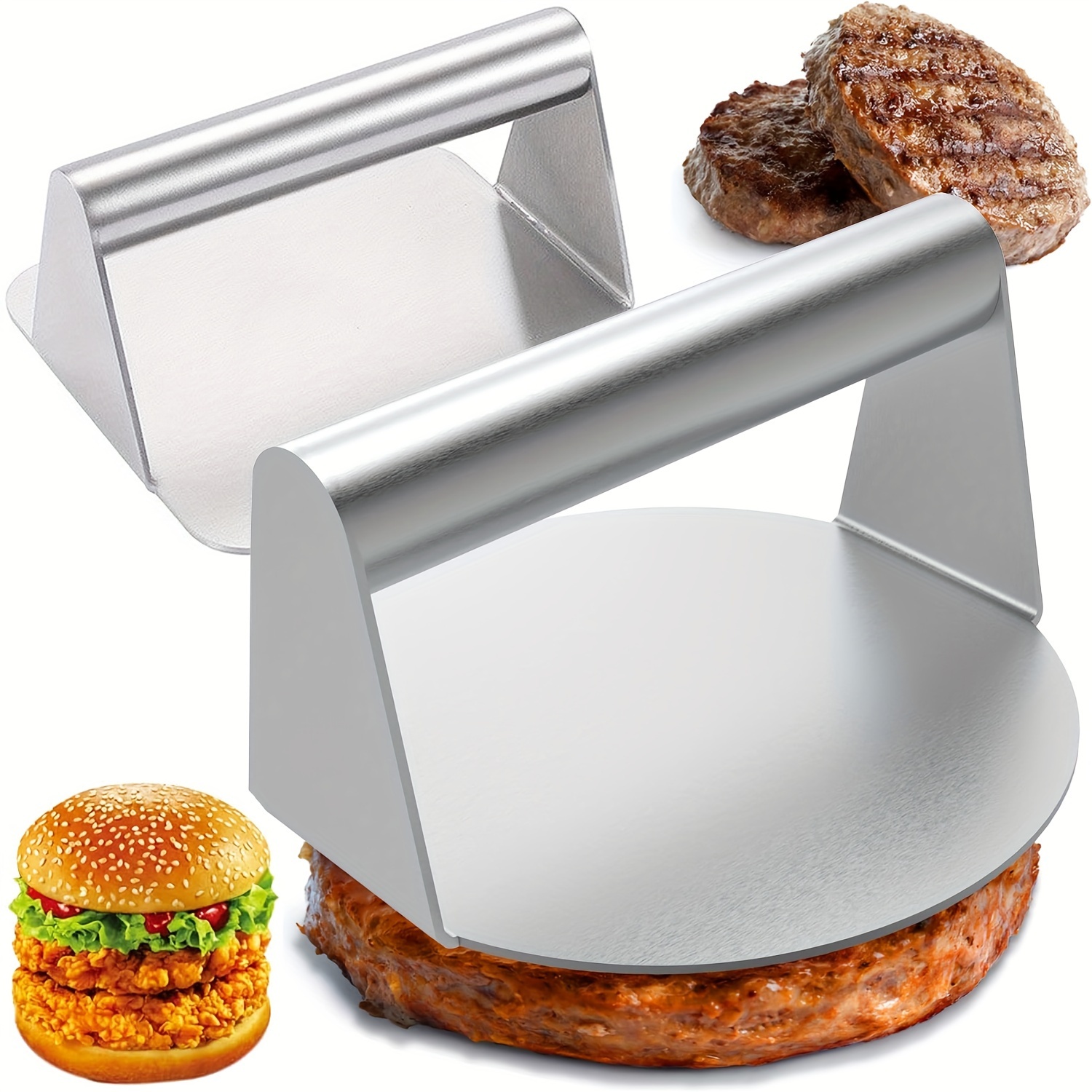 

1pc Stainless Steel Burger Press, Round & Square Smasher, Non-stick Smooth Hamburger Press Flat Bottom Without , Bacon Grill Perfect For Top Griddle Cooking