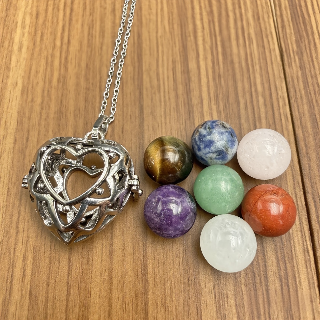 TEMU 8pcs Natural Stone 7 And Silvery Alloy Cage Necklace Daily Wearing Jewelry Holiday Gift