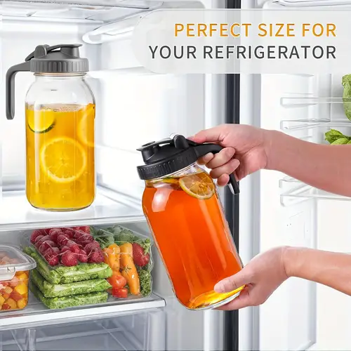 two piece 64 ounce glass jar with handle and lid thick glass jar suitable for iced coffee juice tea etc home party and restaurant dishwasher washable reusable beverage service modern glass jar durable glass jar